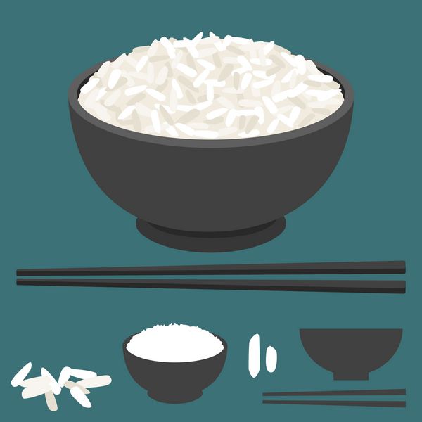 وکتور برنج در کاسه با چاپستیک