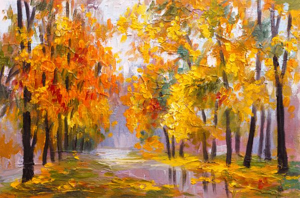 منظره نقاشی رنگ روغن - جنگل پاییزی پر از برگ های افتاده تصویر رنگارنگ نقاشی انتزاعی