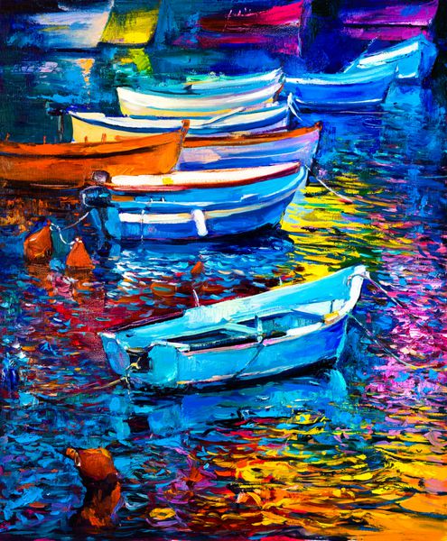 نقاشی اصلی رنگ روغن روی بوم قایق و دریا امپرسیونیسم مدرن اثر نیکولوف