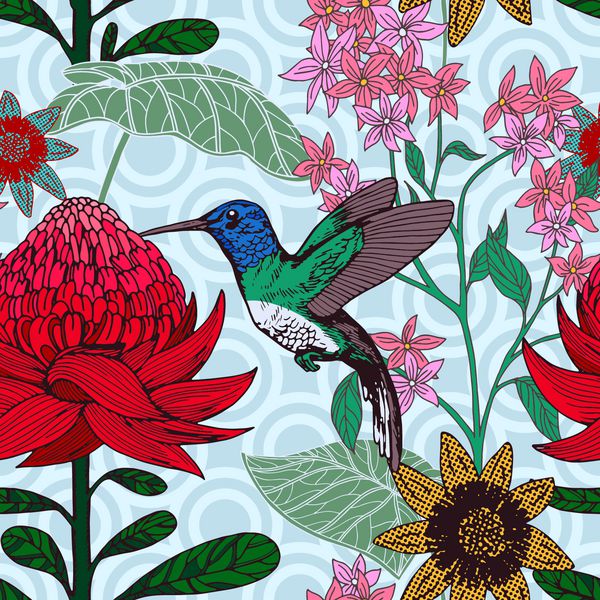 پس زمینه پرنده استوایی و گل به سبک قدیمی الگوی بدون درز مد با گل گیاه عجیب و غریب پارچه خلاقانه و زیبا بسته بندی تم تابستان و بهار برای طراحی