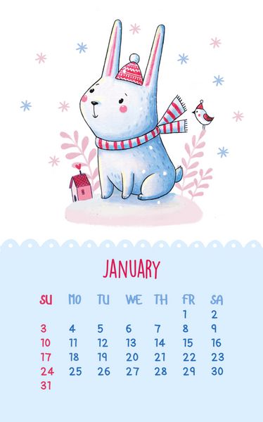 تقویم 2016 ژانویه تصویر طراحی دستی با خرگوش کارتونی در کلاه و روسری می توان از آن مانند کارت تبریک تولد استفاده کرد