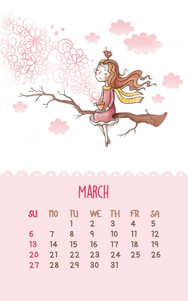 تقویم زیبا برای سال 2016 با تصویر کارتونی و طراحی دستی مارس تصویر من با دختر عاشقانه ای که روی شاخه درخت نشسته و چای می نوشد می توان از آن مانند کارت های تبریک تولد استفاده کرد