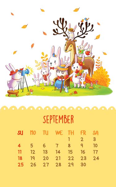 تقویم زیبا برای سال 2016 با تصویر نقاشی دستی سپتامبر خرگوش های خانوادگی کارتونی پو را می گیرند می تواند مانند کارت های تبریک تولد استفاده شود