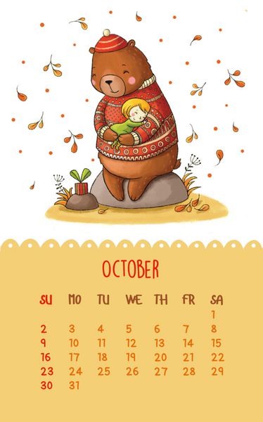 تقویم 2016 اکتبر تصویر طراحی دستی به سبک زیبا خرس عروسکی قهوه ای دختری را در آغوش گرفته است می تواند مانند کارت های تبریک تولد استفاده شود