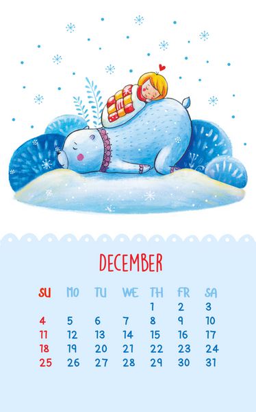 تقویم زیبا برای سال 2016 با تصویر نقاشی دستی دسامبر کارتونی خرس قطبی و دختری در خواب می تواند مانند کارت های تبریک تولد استفاده شود