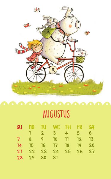 تقویم زیبا برای سال 2016 با تصویر نقاشی دستی اوت خرس کارتونی و دختر دوچرخه سواری می تواند مانند کارت های تبریک تولد استفاده شود