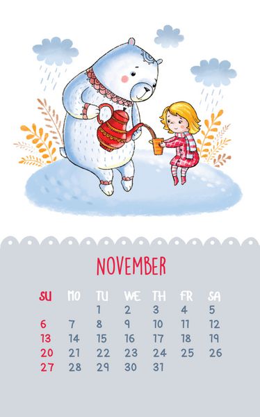 تقویم زیبا برای سال 2016 با تصویر نقاشی دستی نوامبر کارتونی خرس عروسکی سفید و دختری در حال نوشیدن چای می تواند مانند کارت های تبریک تولد استفاده شود
