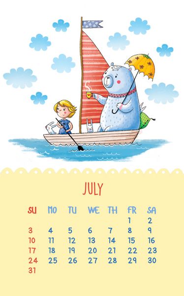 تقویم زیبا برای سال 2016 با تصویر نقاشی دستی جولای تصویر کارتونی با قایق بادبانی خرس و دختر می تواند مانند کارت های تبریک تولد استفاده شود