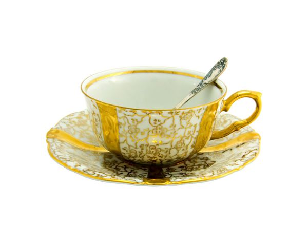 فنجان چینی با نعلبکی و قاشق نقره ای نیکل از ست چای