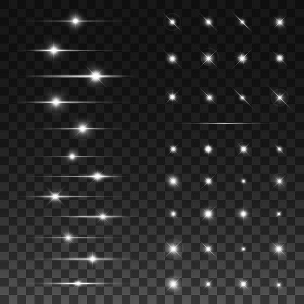 مجموعه ای فوق العاده از چراغ های درخشان ستاره ها و درخشش ها جدا شده در پس زمینه شفاف تصاویر وکتور 