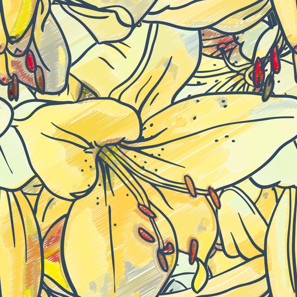 الگوی گل بدون درز با نیلوفرهای زرد جوهر طراحی و مداد رنگی وکتور