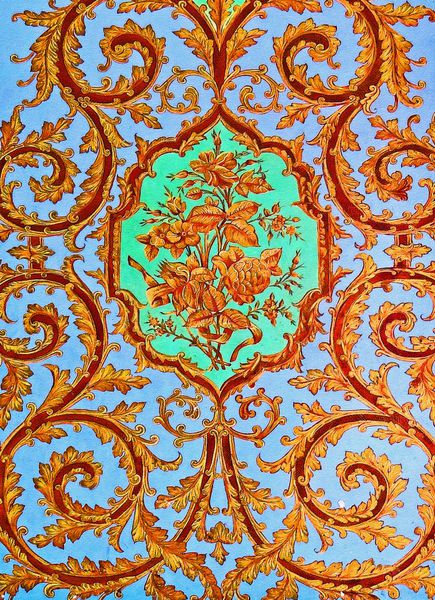 نقاشی رنگی به سبک سنتی ایرانی باستان نقاشی دیواری از گلهای زیبا در خانه قدیمی قوام اشرافی در شیراز ایران بر روی بافت ماسه سنگ