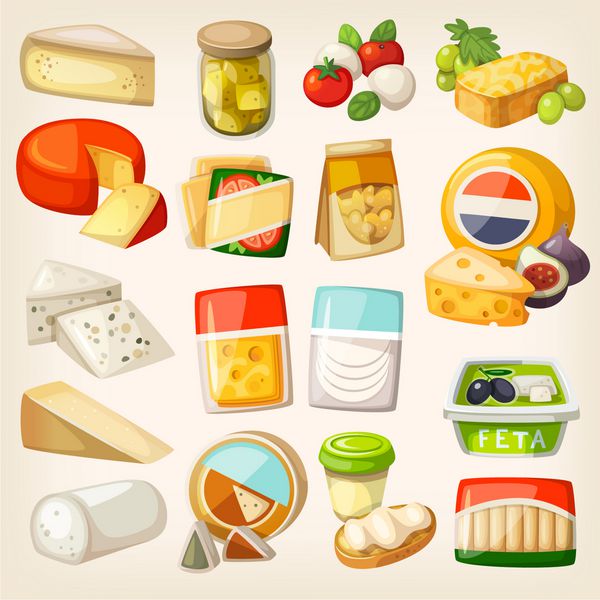 تصاویر جدا شده از محبوب ترین انواع پنیر در بسته بندی برش ها و تکه های پنیر و برخی محصولات برای استفاده از آنها