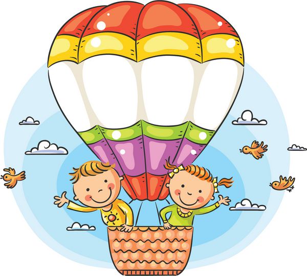 بچه های کارتونی شادی که با کپی اسپ در سراسر بالون سفر می کنند