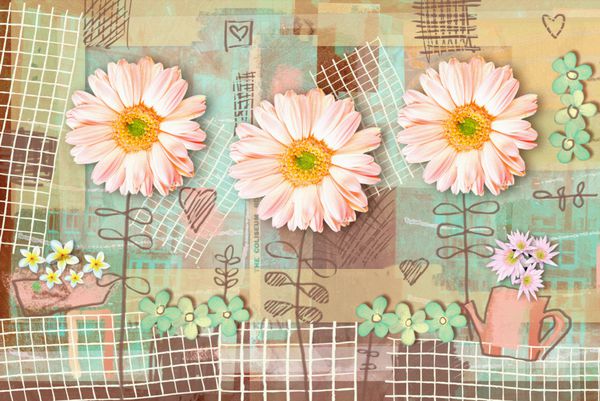 کارت پستال کشور ظرافت با گلهای زیبای ژربرا صورتی و قوطی آبیاری عاشق الگوی گل می تواند به عنوان کارت تبریک دعوت نامه برای عروسی تولد و سایر تعطیلات استفاده شود