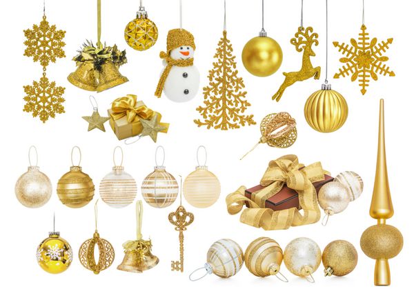مجموعه ای بزرگ از بابل های طلایی کریسمس برای زیور آلات درخت کریسمس کاج صنوبر توپ دانه های برف زنگ گوزن شمالی آدم برفی هدیه نوک بالا کلید جدا شده روی سفید