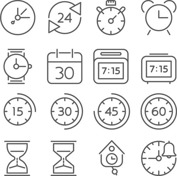نمادهای زمان و ساعت طراحی مسطح سبک خط نازک