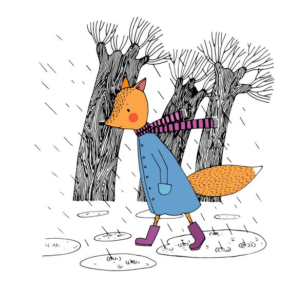 روباه غمگین در حال قدم زدن در پارک باران نقاشی با دست وکتور