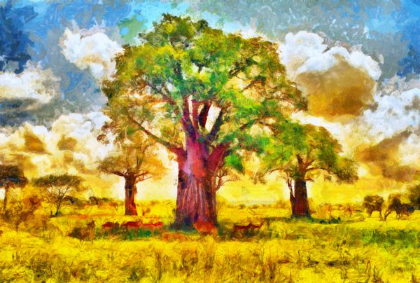 نقاشی رنگ روغن منظره آفریقایی با درختان بائوباب و حیوانات طلوع آفتاب