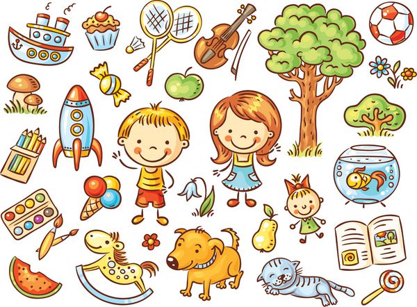 مجموعه ابله های رنگارنگ از اشیاء زندگی کودک شامل حیوانات خانگی اسباب بازی غذا گیاهان و چیزهایی برای ورزش و فعالیت های خلاقانه