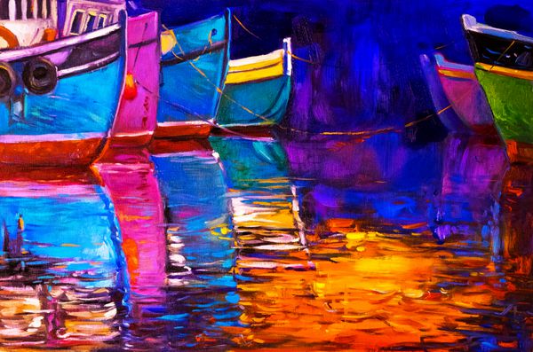 نقاشی رنگ روغن اصلی قایق و دریا روی بوم غروب خورشید بر فراز اقیانوس امپرسیونیسم مدرن