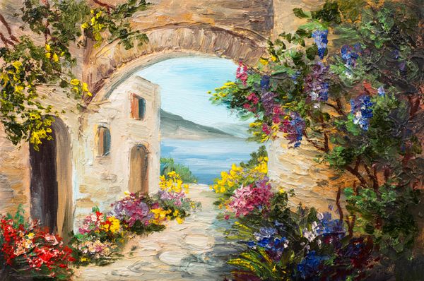 نقاشی رنگ روغن - خانه نزدیک دریا گل های رنگارنگ منظره تابستانی