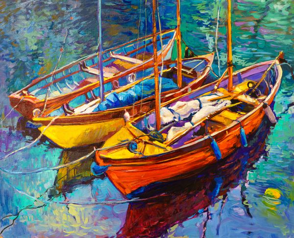 نقاشی اصلی رنگ روغن روی بوم قایق ها و غروب خورشید امپرسیونیسم مدرن