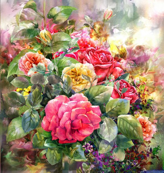 دسته گل های رنگارنگ نقاشی آبرنگ در زمینه تمام رنگی