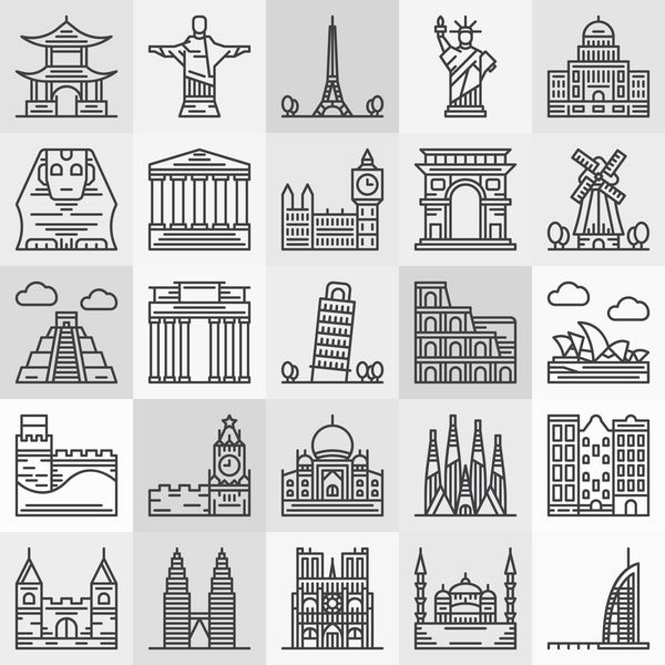 نمادهای نشانه های سفر - وکتور معماری محبوب و نمادهای بنای معروف به سبک خط نازک