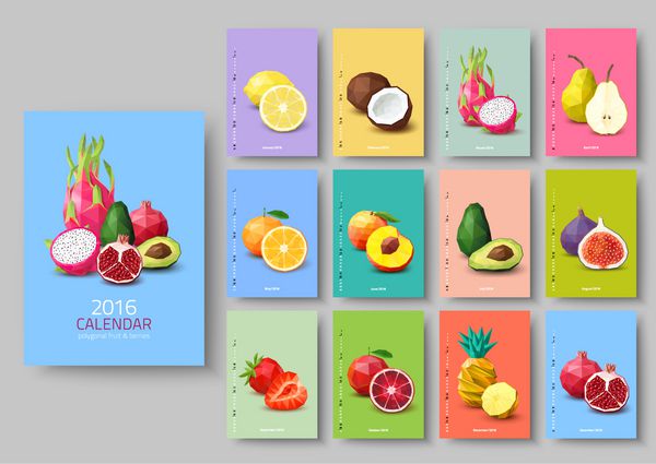 تقویم دیواری 2016 - میوه و انواع توت ها چند ضلعی وکتور