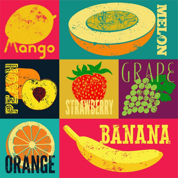 پوستر میوه سبک پاپ آرت گرانج مجموعه ای از میوه های رترو مجموعه وکتور پرنعمت از میوه ها