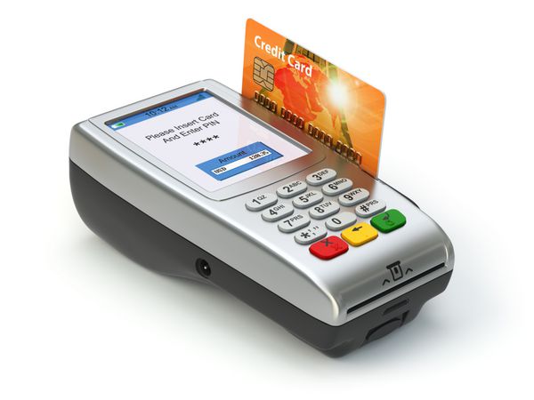 ترمینال pos با کارت اعتباری جدا شده روی سفید پرداخت می کند 3 بعدی