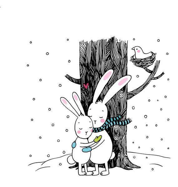 خرگوش های کارتونی زیبا زمستان طراحی دستی اشیاء جدا شده در پس زمینه سفید وکتور