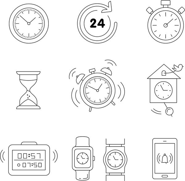 انواع ساعت زنگ دار تایمر و تنظیم ساعت آیکون های هنری خط نازک تصاویر سبک خطی جدا شده روی سفید