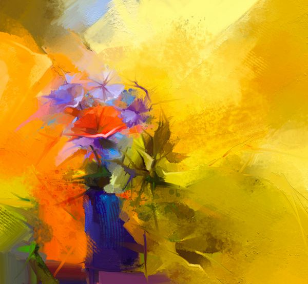 نقاشی انتزاعی رنگ روغن طبیعت بی جان گل ژربرا قرمز دسته گل های رنگارنگ بهاری با زمینه زرد روشن و قرمز به سبک امپرسیونیستی مدرن نقاشی شده با گل