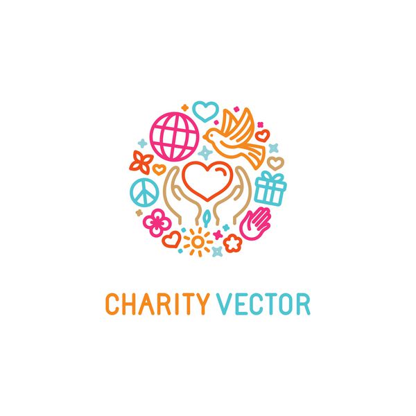 قالب طراحی لوگو وکتور با آیکون ها به سبک خطی مرسوم مفاهیم خیریه و نماد سازمان داوطلبانه - عشق و مراقبت