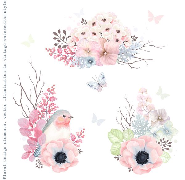 مجموعه وکتور طرح تزئینی گل پرنده رابین و برگ به سبک وینتیج با پروانه