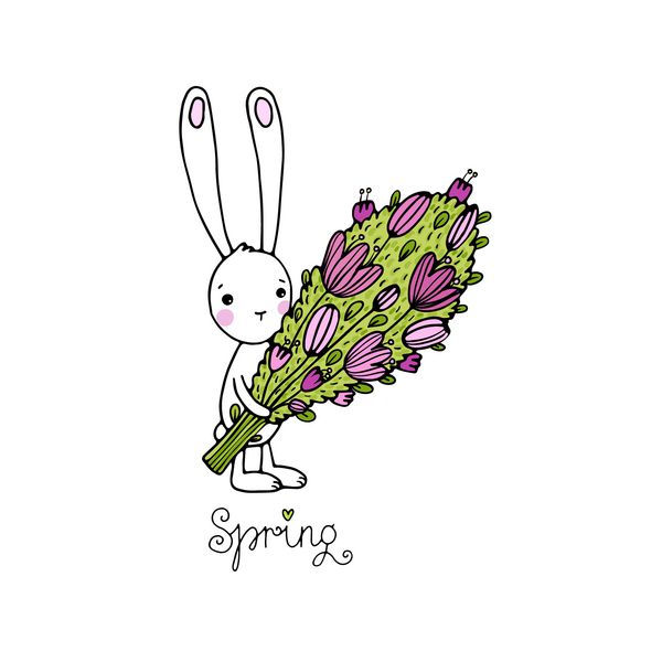 خرگوش کوچولوی ناز با یک دسته گل متن بهار طراحی دستی اشیاء جدا شده در پس زمینه سفید وکتور