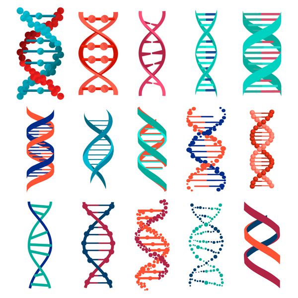 مجموعه نشانه مولکول DNA عناصر ژنتیکی و مجموعه آیکون ها پس زمینه وکتور