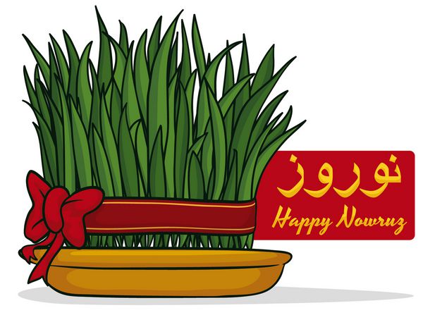 جوانه گندم به سنت فارسی هفت دیده می شود سبزه با روبان قرمز و پاپیون که در ظرفی طلایی روییده برای سال نو یا نوروز ایرانی بسته می شود