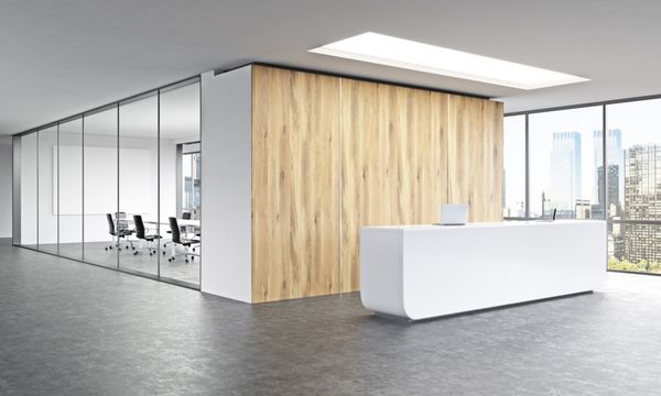 دفتر خالی پذیرایی سفید روی دیوار چوبی پنجره پانوراما سمت راست اتاق جلسه پشت نیویورک مفهوم پذیرایی رندر سه بعدی