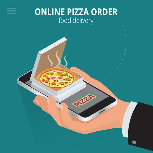 مفهوم تجارت الکترونیک وب سایت سفارش غذا به صورت آنلاین سرویس تحویل آنلاین پیتزا فست فود وکتور ایزومتریک مسطح می تواند برای تبلیغات اینفوگرافیک بازی یا نماد برنامه های تلفن همراه استفاده شود