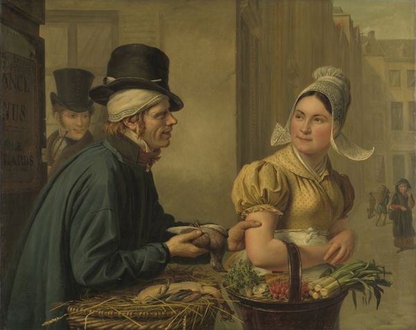 مرغداری ign brice 1827 بلژیکی نقاشی رنگ روغن روی بوم صحنه خیابانی مردی که بازوی زن جوانی را در بازار می‌گیرد تا کبوتر مرده‌ای را به او بفروشد