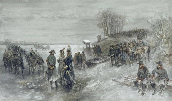 نیروهای فرانسوی بر روی رودخانه یخ زده پیشروی می کنند اثر چارلز روچوسن 1888 نقاشی آبرنگ هلندی تهاجم فرانسوی ها به هلند در سال 1795 در طول جنگ های ناپلئونی
