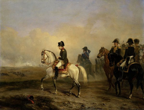 امپراتور ناپلئون اول و عصایش سوار بر اسب هور ورنت ج 1815-50 نقاشی رنگ روغن فرانسوی در دوردست دود نبرد جنگ های ناپلئونی است
