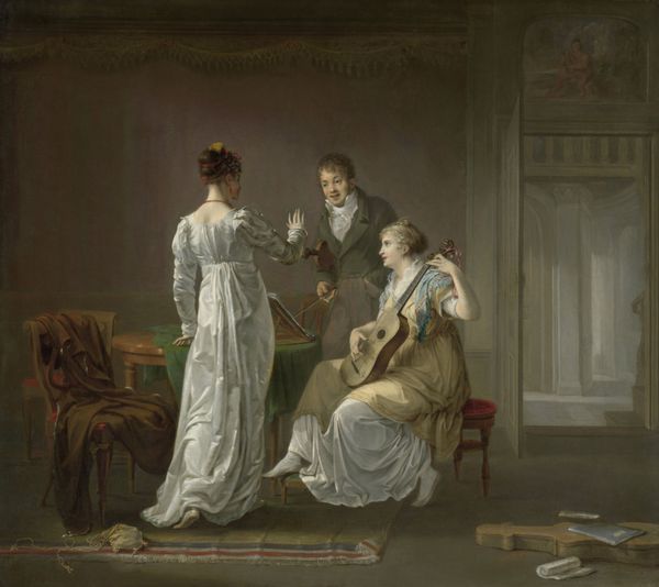 درس موسیقی توسط لوئیس موریتز 1808 نقاشی هلندی روغن روی تابلو زنان در حال تمرین یک دوئت برای گیتار و صدا به کارگردانی معلم موسیقی خود هستند نقاش از خود به عنوان الگوی تی استفاده کرد