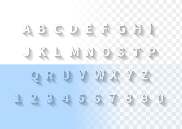 حروف شفاف با سایه بلند فونت با الفبای کامل لاتین و اعداد