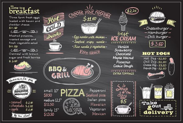 لیست منو گچ طراحی تخته سیاه کافه یا رستوران صبحانه و نهار فست فود و پیتزا منوی گریل نوشیدنی ماکت