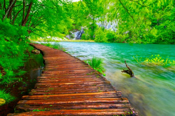 مسیر چوبی در پارک ملی در Plitvice در کرواسی