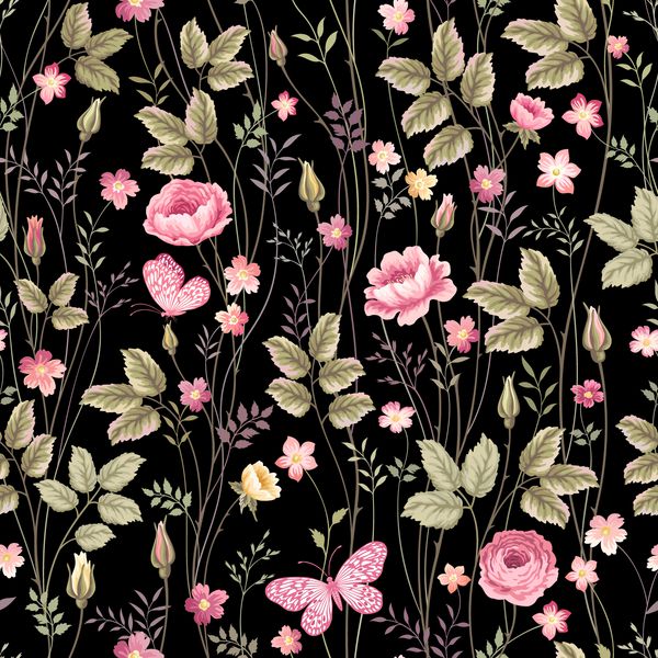 الگوی گل بدون درز با گل رز و پروانه در پس زمینه سیاه